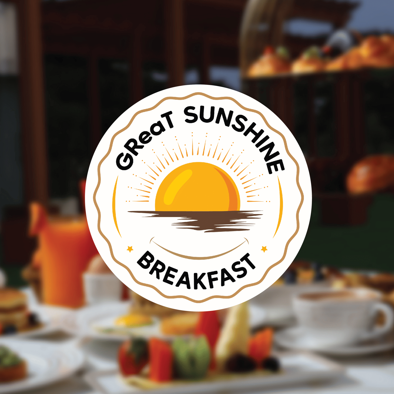 Logo of GReaT Sunshine Breakfast with a background of food placed on a table